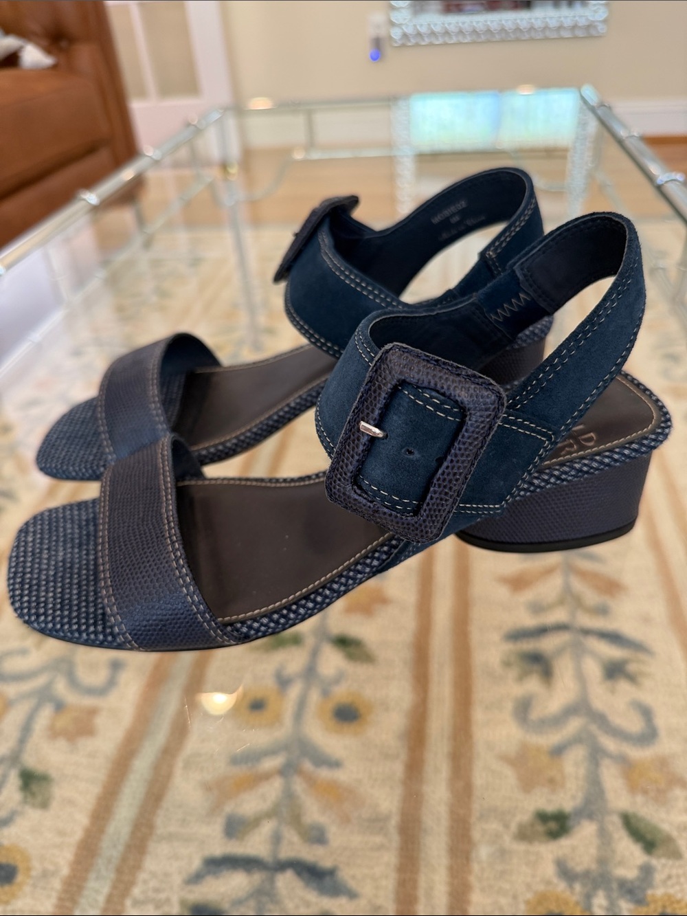Donald J. Pliner Navy Suede & Textured leather Strap Block Heel Sandals